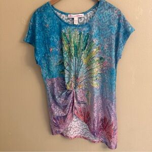 Leoma Lovegrove Women's Large Top Stretch Short Sleeve Beach Tropical Colorful